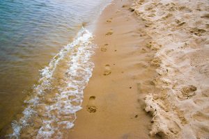 Serene beach scene with footprints in the sand alongside gentle shore waves.