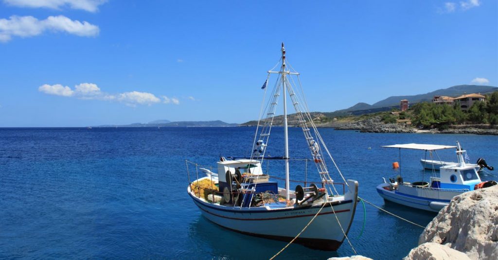 pexels photo 6475991 6475991 Serene view of fishing boats docked on the crystal clear waters of Zakynthos, Greece.